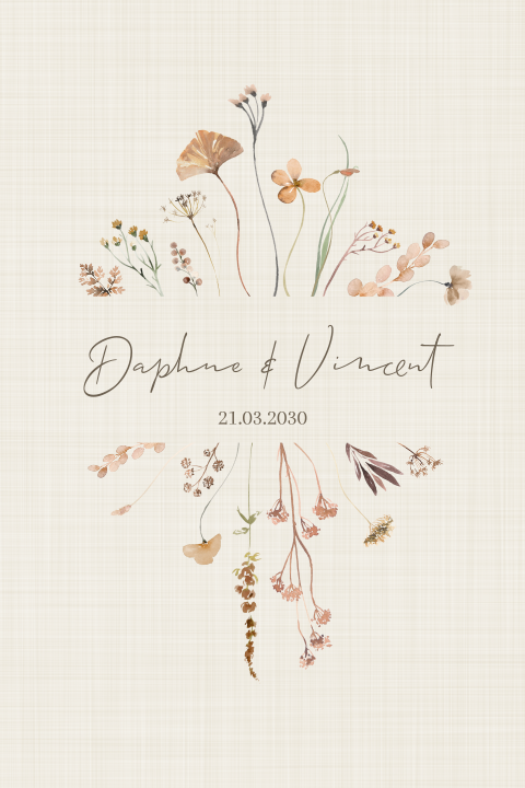 Trouwkaart met bloemen en linnenlook