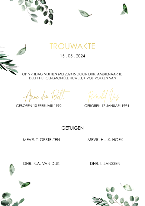 Trouwakte ceremonieel bruiloft met goudfolie en blaadjes
