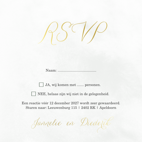RSVP kaartje met goudfolie en groene watercolor