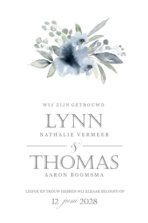 Wij zijn getrouwd kaart met blauwe bloemen