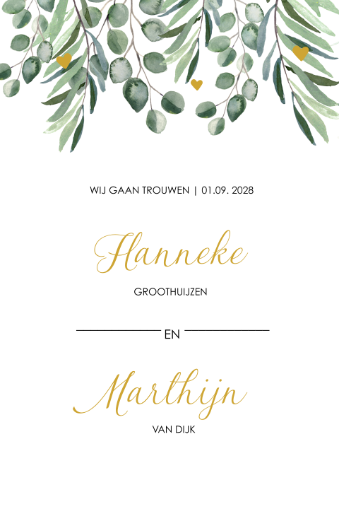 Botanische trouwkaart met kleine hartjes