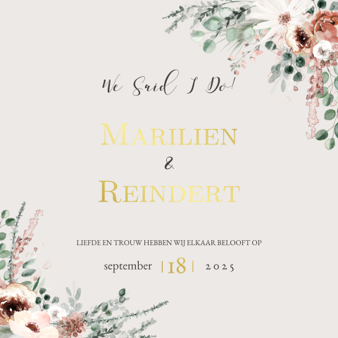 Bohemian Wij Zijn Getrouwd kaart met goudfolie en bloemen