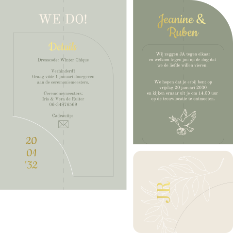 Originele trouwkaart met goudfolie en groen