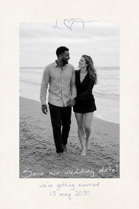 Trend Save the Date met foto - beige met lichtblauw