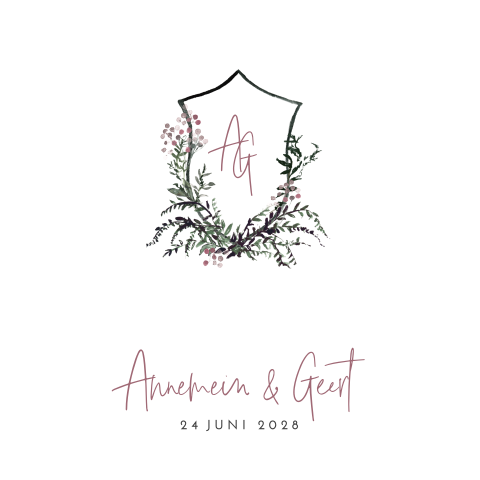 Botanische trouwkaart met schild in groen en oud roze