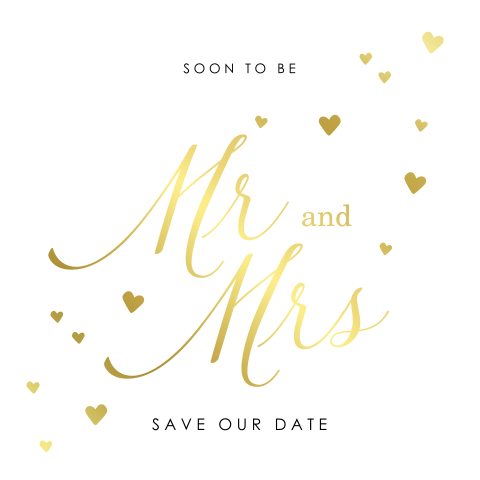 Save the Date kaart goudfolie Mr and Mrs en hartjes