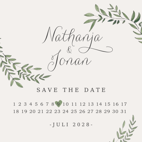 Save the Date kaart in beige met blaadjes en kalender