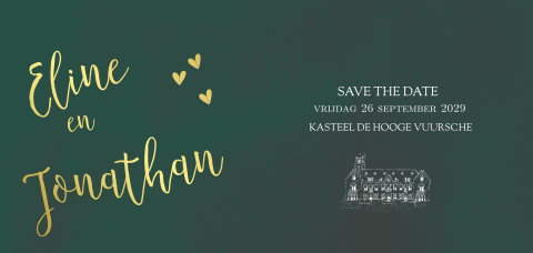 Save the Date kaart met goudfolie, hartjes en kasteel
