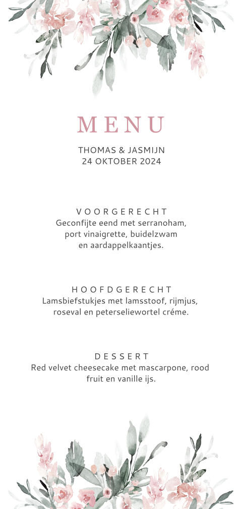 Menukaart passend bij trouwhuisstijl Pink Delight
