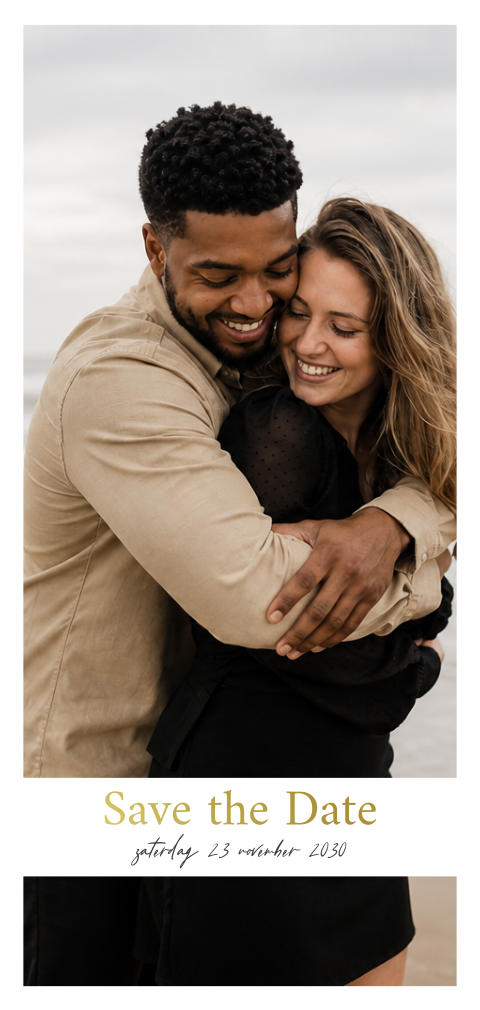 Langwerpige Save the Date kaart met foto en goudfolie