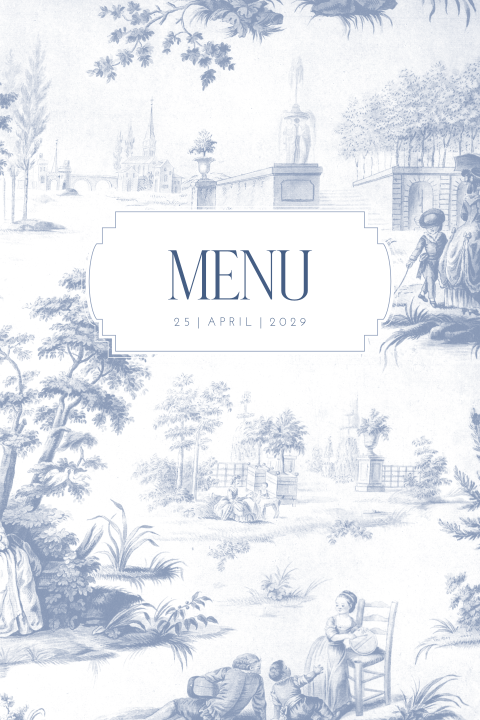 Menukaart met Toile de Jouy in blauw