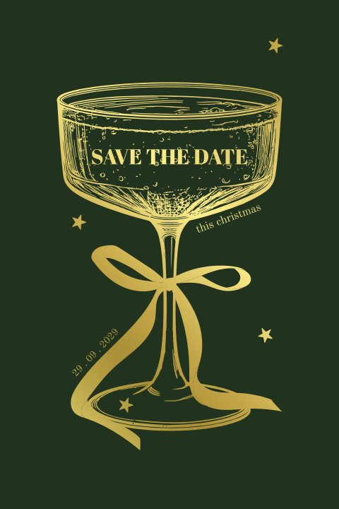 Save the Date kerstkaart met champagne en strik