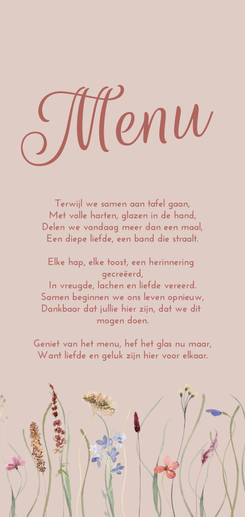 Roze menukaart bruiloft met bloemetjes