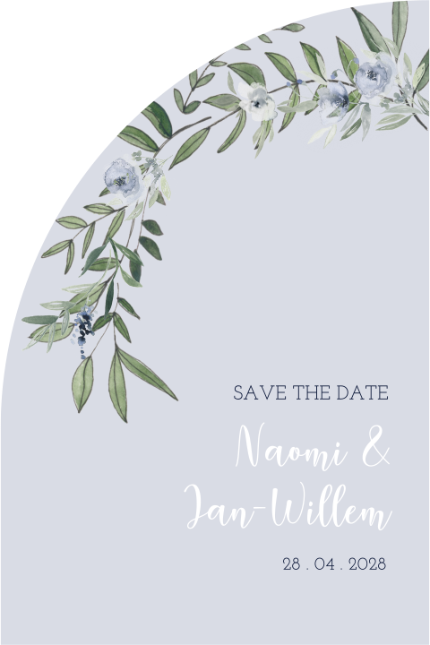 Originele Save the Date kaart met blaadjes in blauw