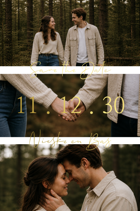 Klassieke Save the Date met fotogalerij en goudfolie
