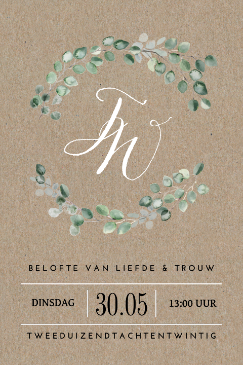 Kraft trouwkaart met takjes eucalyptus