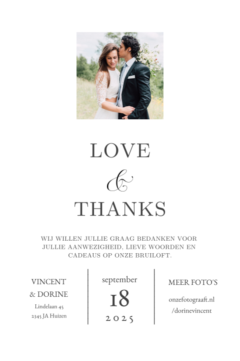 Klassieke bedankaart met trouwfoto