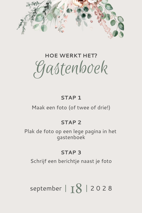 Bordje bij gastenboek in taupe en bloemen
