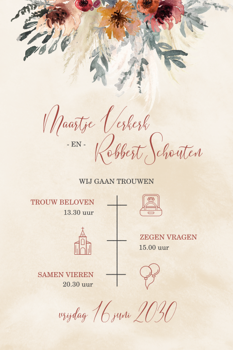 Vintage trouwkaart met bloemen en tijdlijn