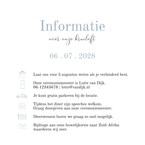 Extra kaartje met icoontjes bij blauwe trouwkaart
