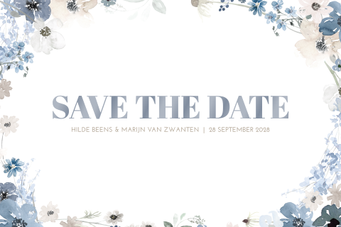 Save the Date kaart met hoogglans en blauwe bloemetjes