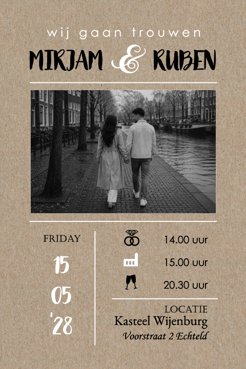 Kraft trouwkaart met icoontjes en foto