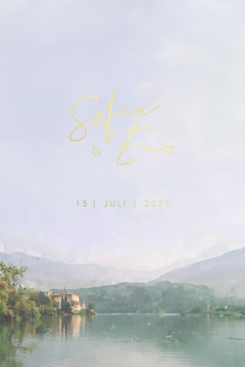 Trouwuitnodiging met watercolour en goudfolie