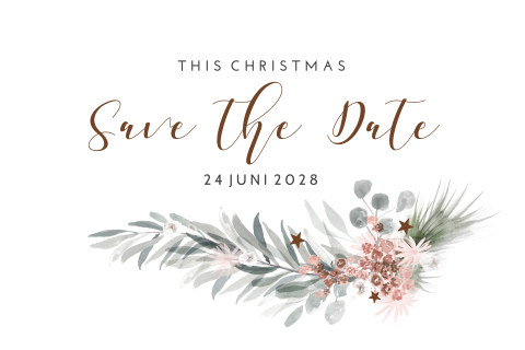 Save the Date kerstkaart met eucalyptus en bloemen