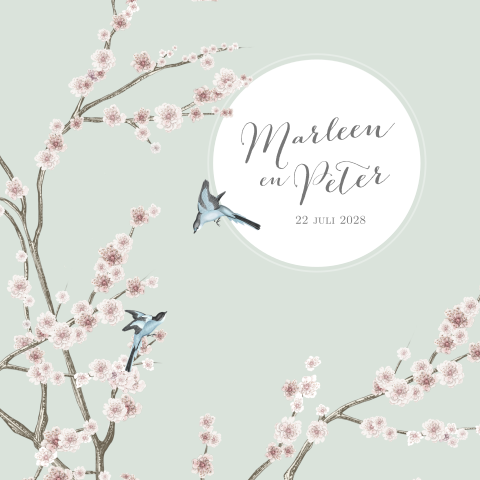 Romantische trouwkaart met bloesem en vogeltjes