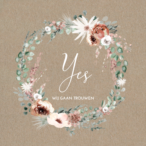 Vintage trouwkaart met bohemian bloemenkrans