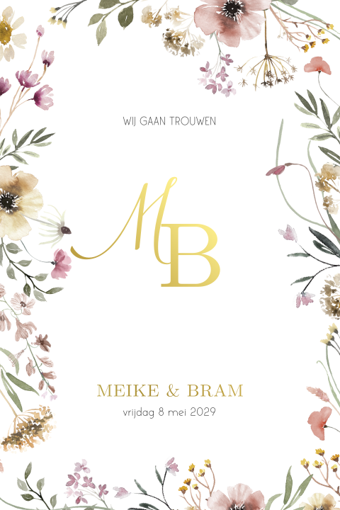 Bloemen trouwuitnodiging met logo en goudfolie