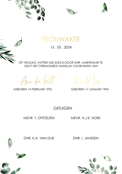 Trouwakte ceremonieel bruiloft met goudfolie en blaadjes