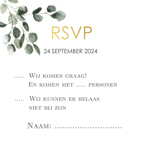 Stijlvol RSVP kaartje met eucalyptustakje