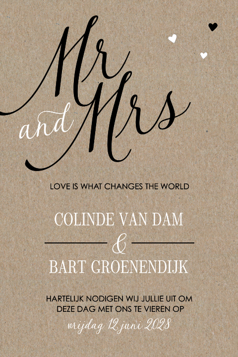Vintage trouwkaart op kraft met hartjes