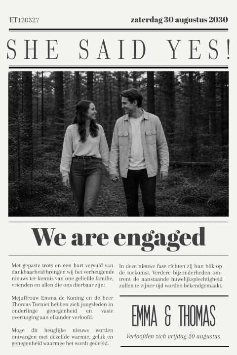 Vintage verlovingskaart als newspaper