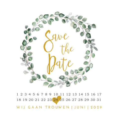 Save the Date met krans van eucalyptus en kalender
