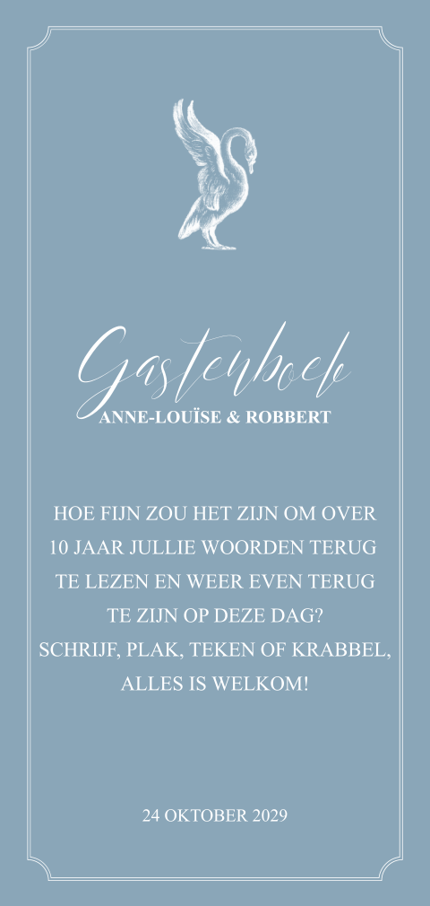 Klassiek bordje bij gastenboek in blauw