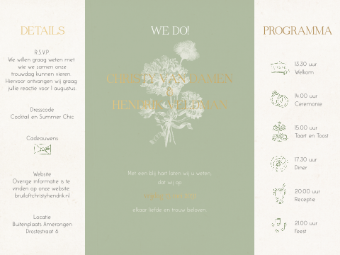 Vintage trouwkaart drieluik met bloemen