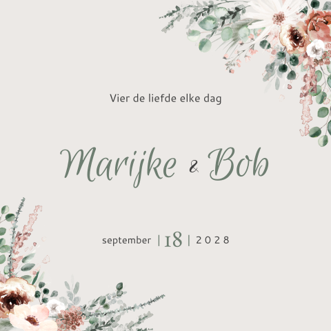 Uitnodiging voor bruiloft met bloemen en blaadjes