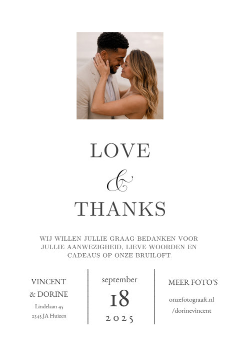 Klassieke bedankaart met trouwfoto