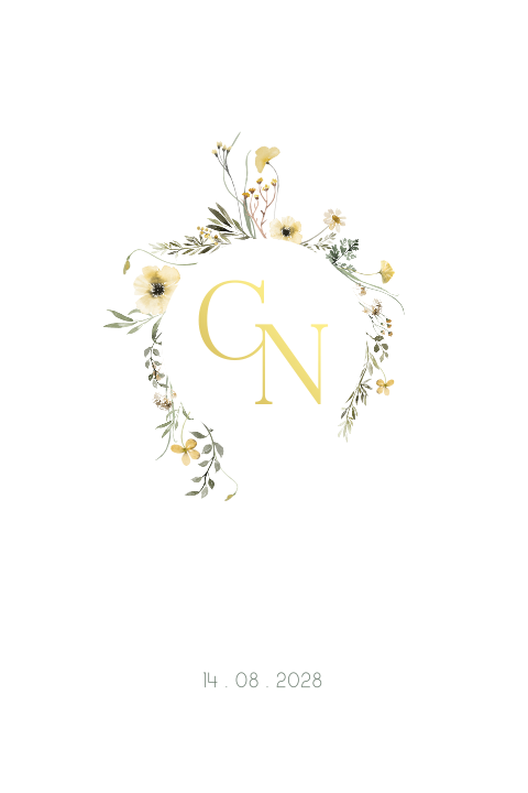 Bloemen trouwkaart in geel met goudfolie