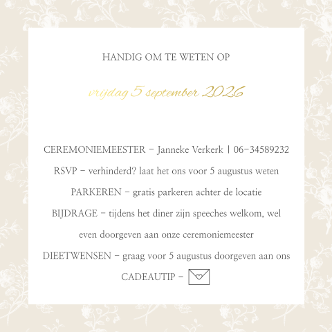 Vierkant extra kaartje bij trouwkaart