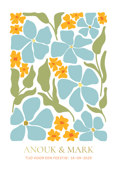 Trouwkaart met blauwe grafische bloemen