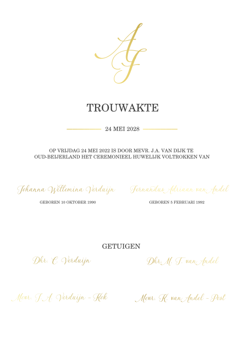 Klassieke trouwakte zelf maken met goudfolie en initialen
