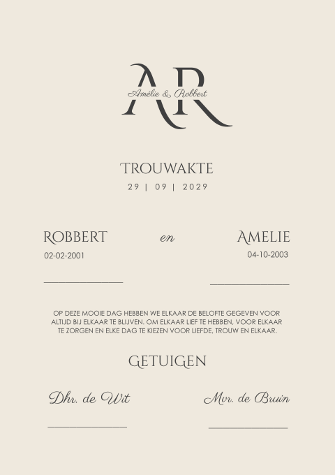 Trouwakte bruiloft in beige met logo