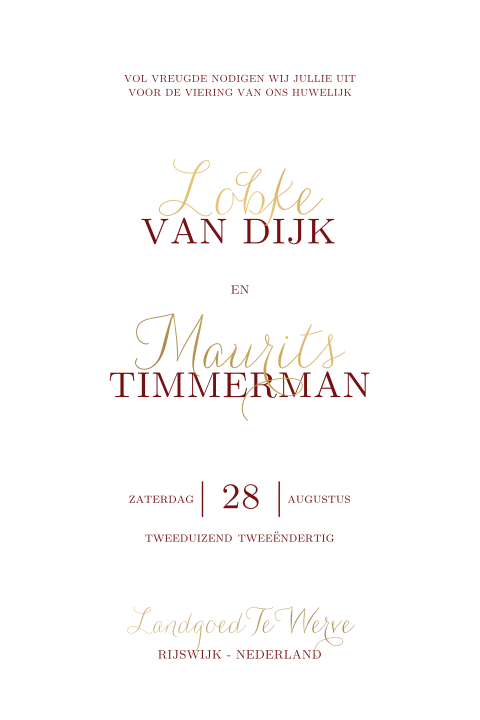 Elegante trouwkaart in rood met goudfolie