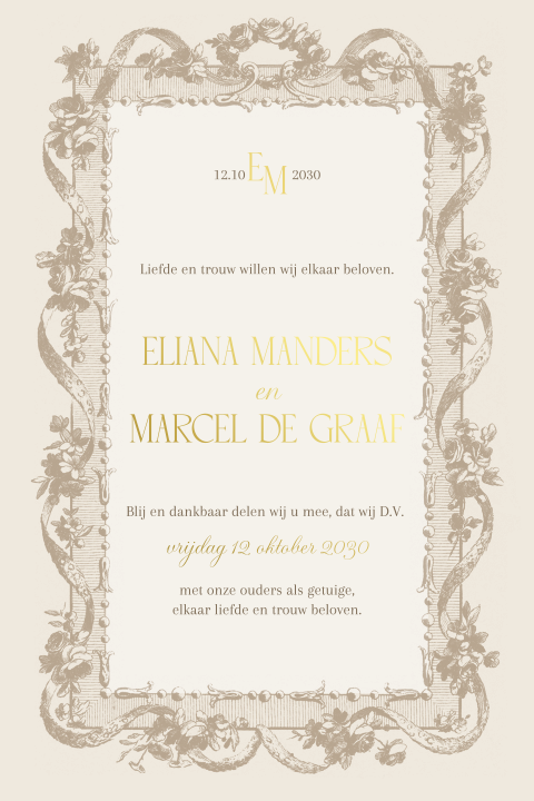 Vintage trouwkaart met kader en goudfolie