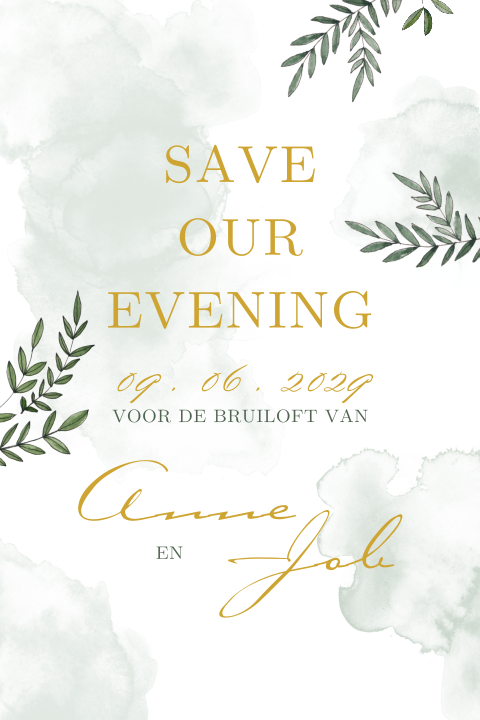 Save the Date kaart met groene takjes en watercolor