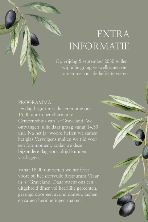 Extra informatiekaartje met olijftakjes