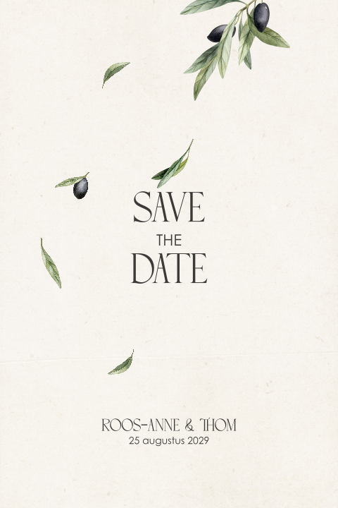 Save the Date met vallende olijfblaadjes